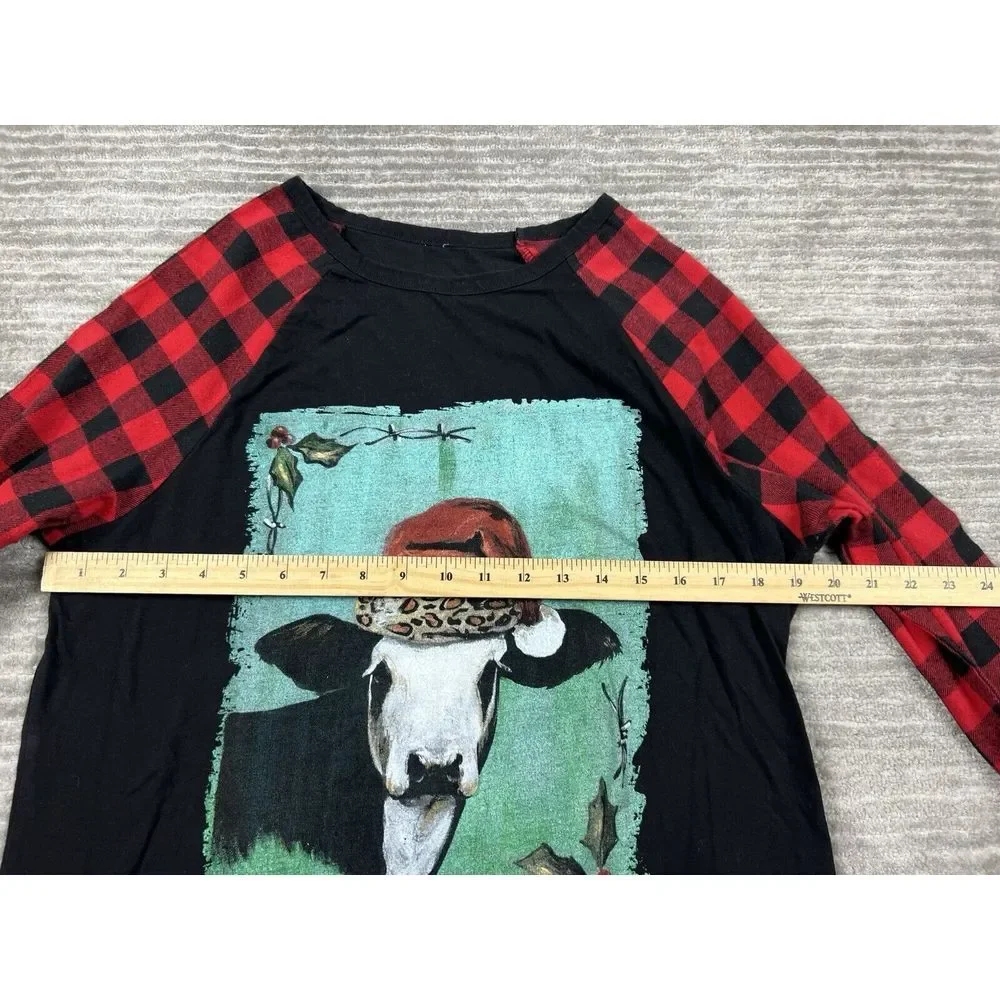 Crazy Train Top Womens‎ Large Multicolor Check Raglan Sleeves Cow Graphic - Picture 5 of 12
